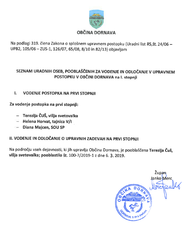 Seznam uradnih oseb pooblaščenih za vodenje in odločanje v upravnem postopku v občini dornava na 1. stopnji